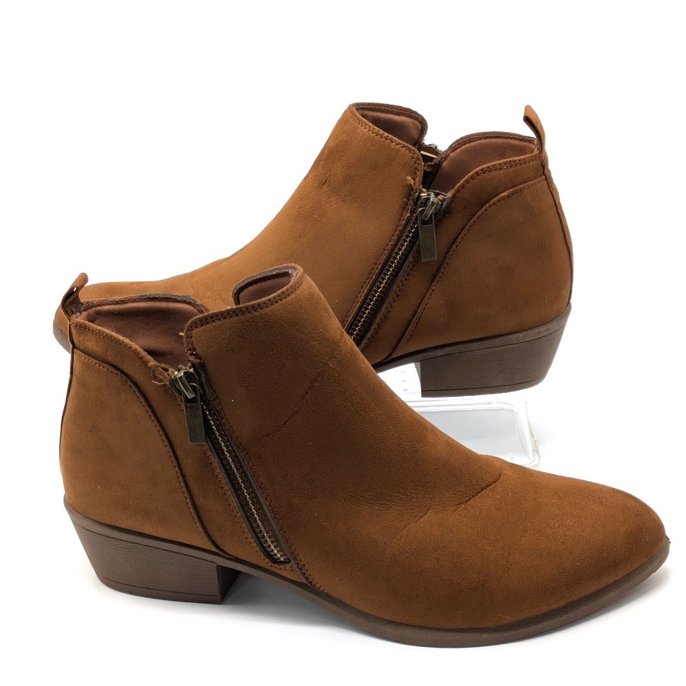 Falls Creek Women's Size 10 Brown Faux Suede Ankle Boots Side Zip Low Heel
